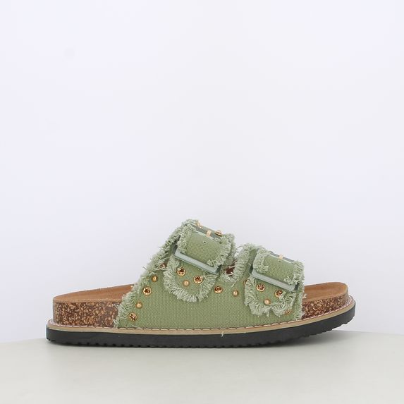 Sandali da donna doppia fascia in canvas con borchie